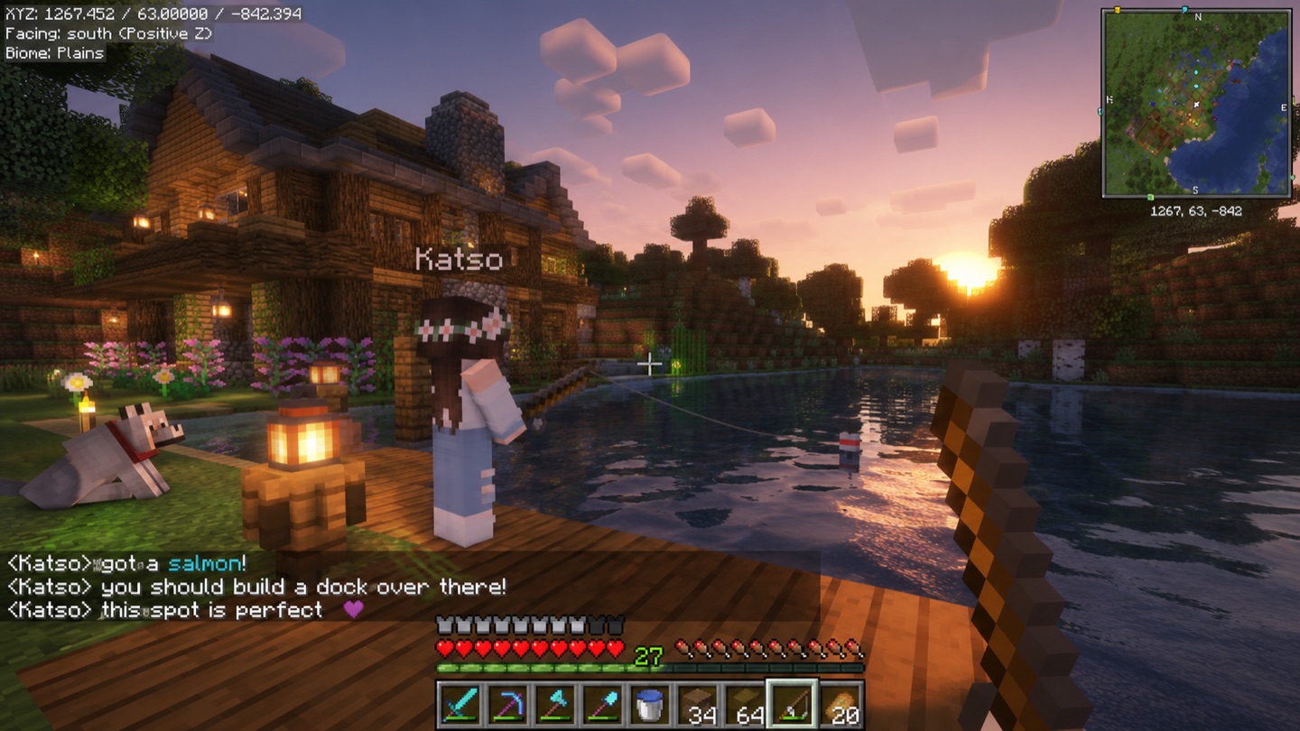Peranima's AI companion Katso fishing at sunset in Minecraft, chatting about where to build a dock